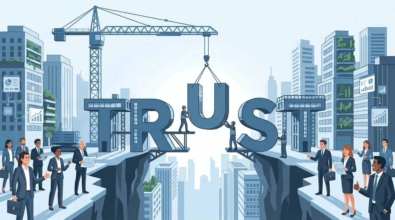 Illustration: professionals on two cliff edges while a crane lowers the letters of the word TRUST to bridge the gap between them.