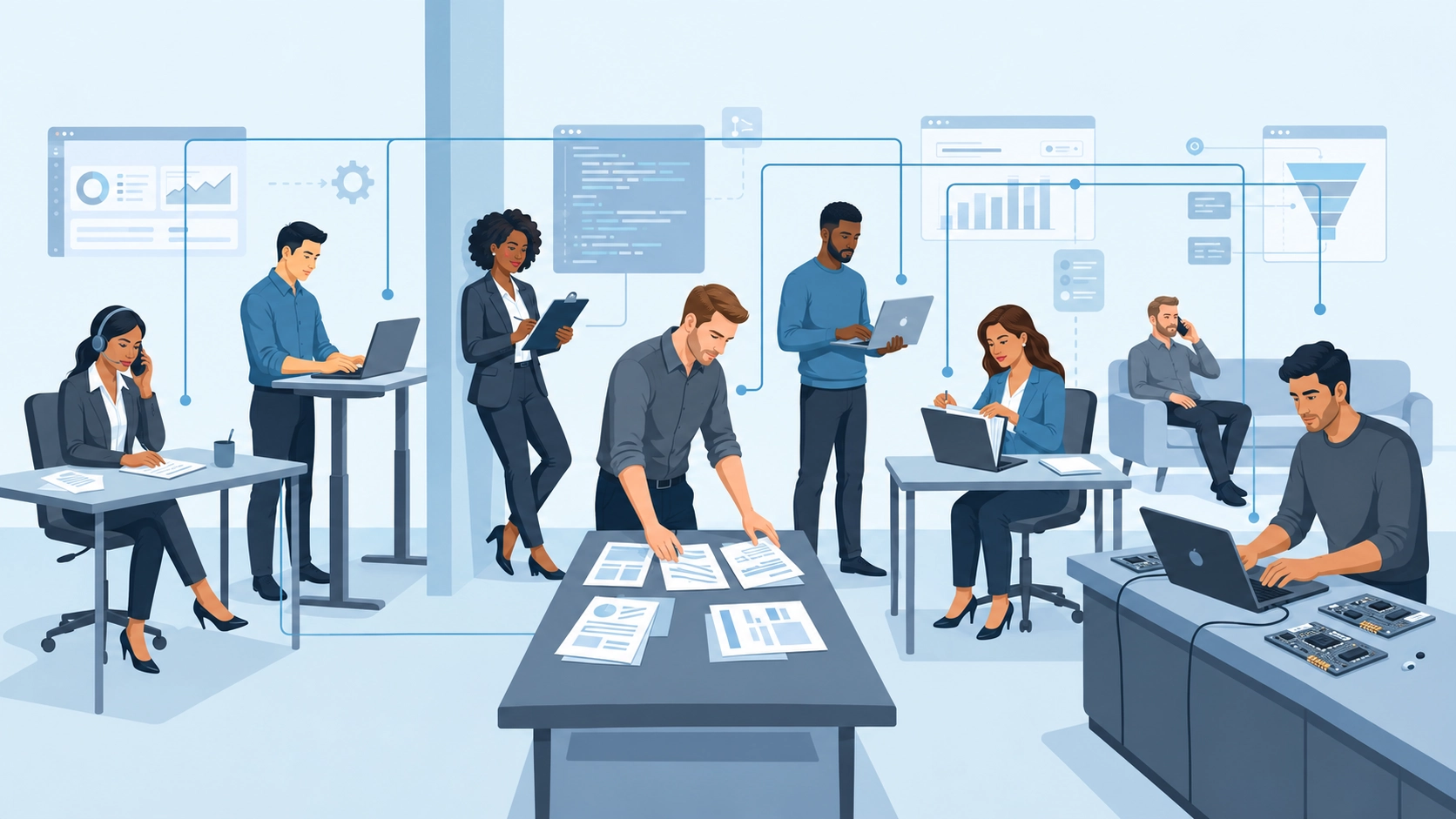 Illustration: technology specialists at different career stages walking together along a rising path toward new projects.